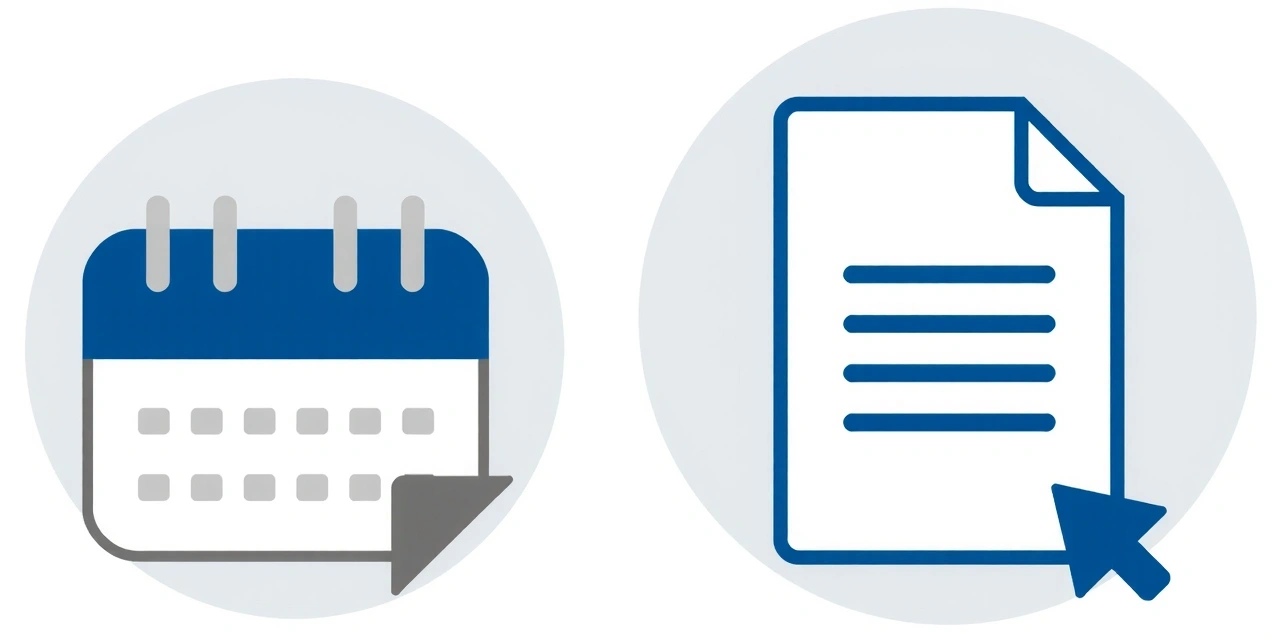 Ilustración de un calendario y un documento con un icono de actualización, simbolizando la revisión y actualización de una política.
