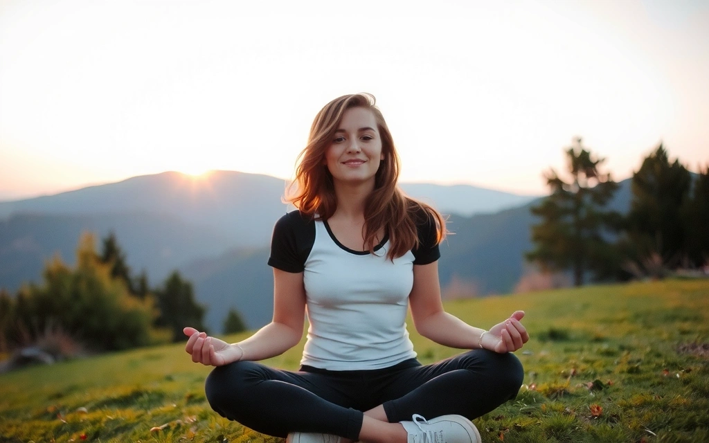 Mujer joven meditando en un entorno natural al amanecer, simbolizando paz interior