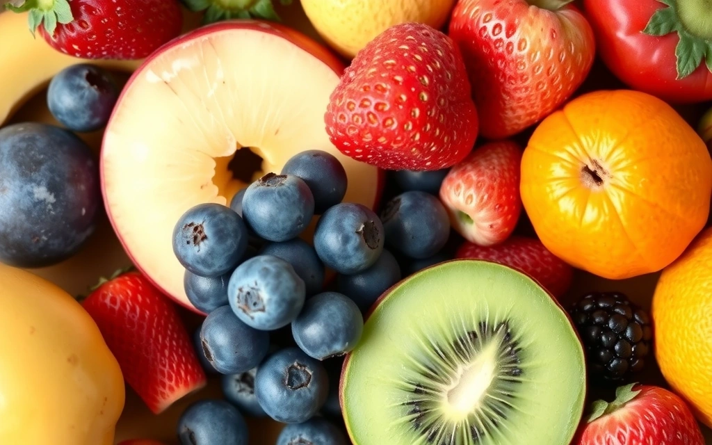 Variedad de frutas frescas y bayas coloridas, representando vitaminas naturales