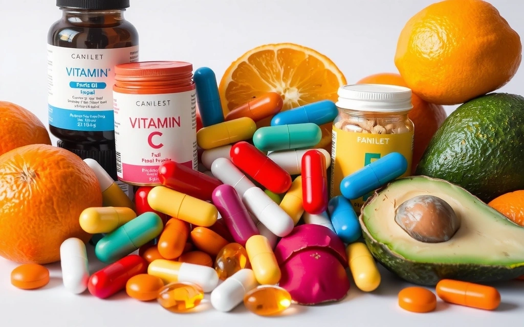 Cápsulas de vitaminas de colores y frutas frescas